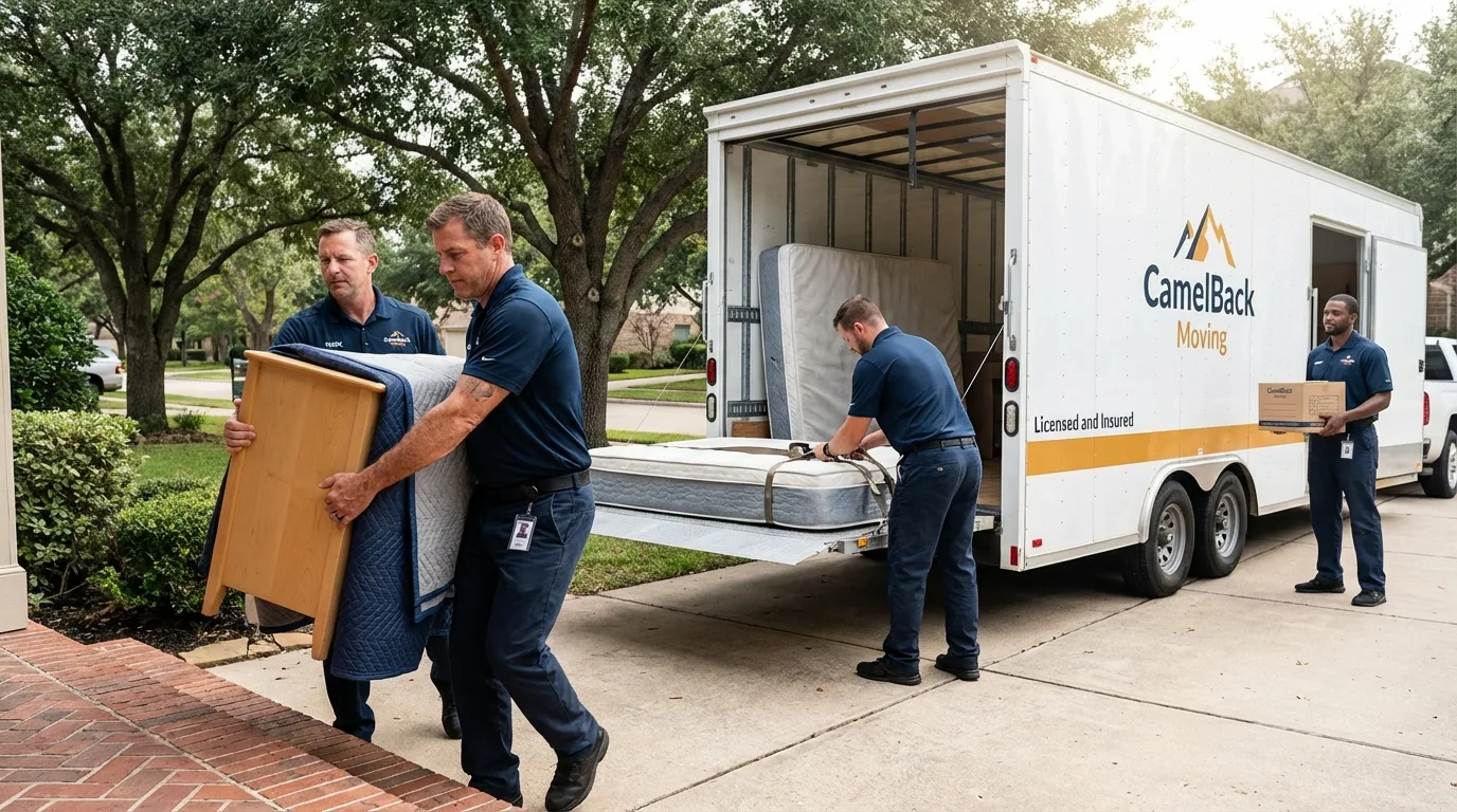 Crew loading residential truck for cross-state move from Blossom, TX