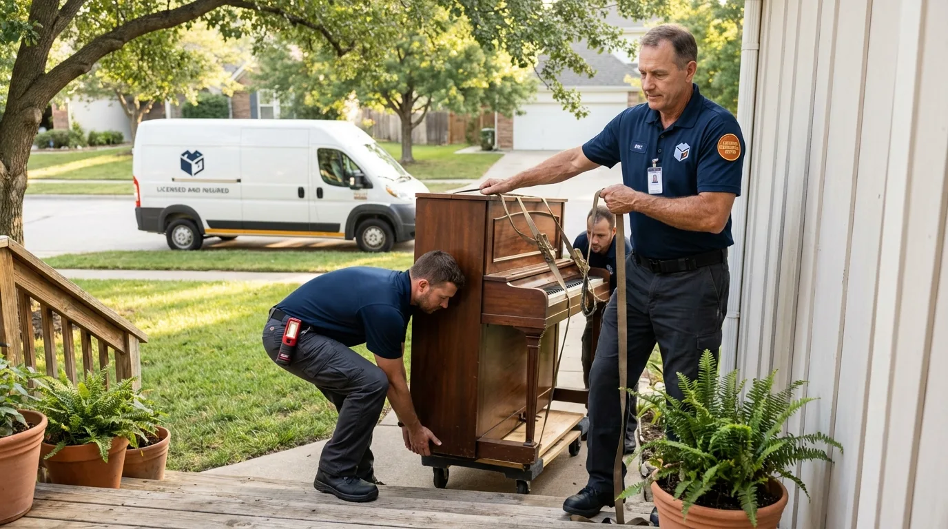 Licensed piano movers securing grand piano in Blossom, TX
