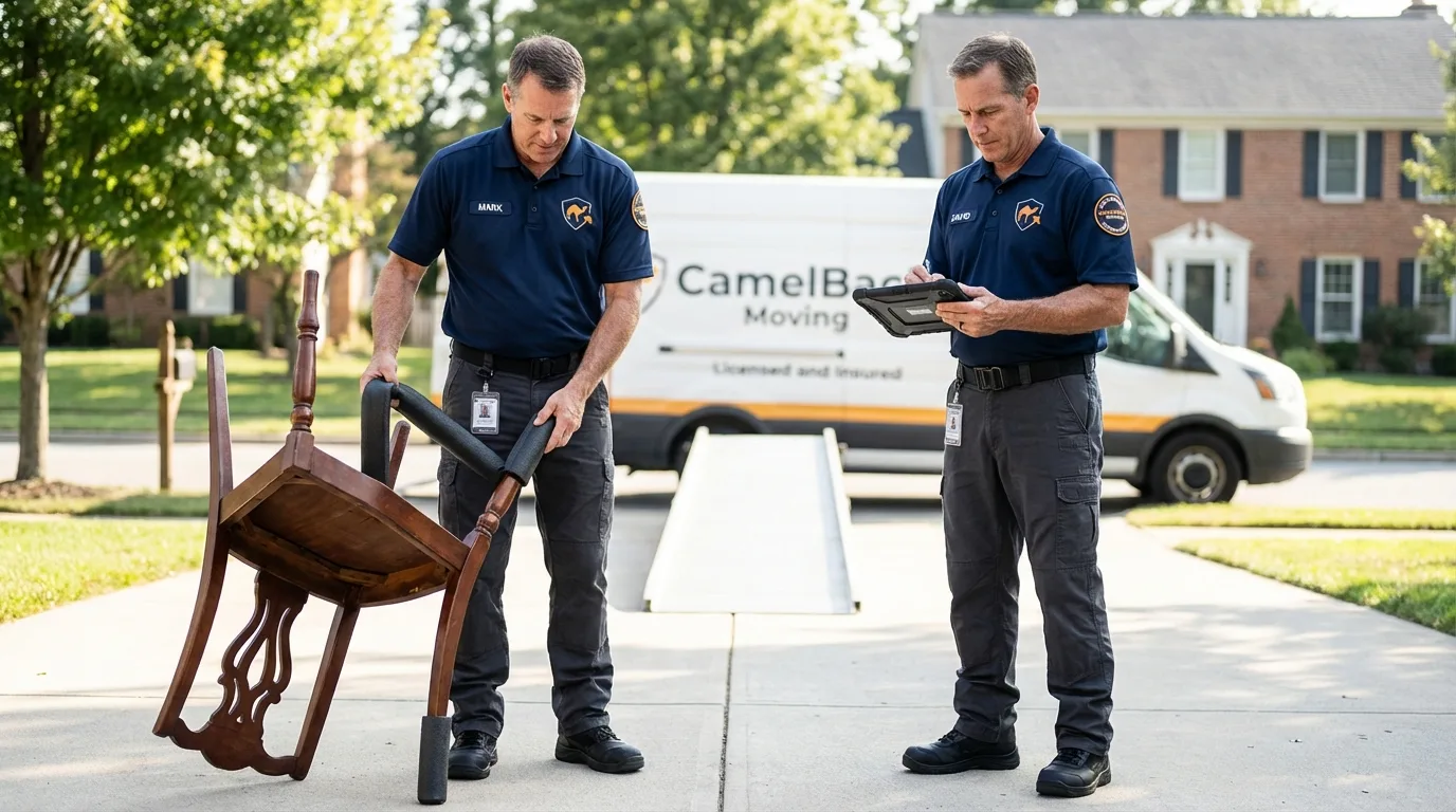 Movers inspecting furniture for damage prevention before loading in Blossom, TX