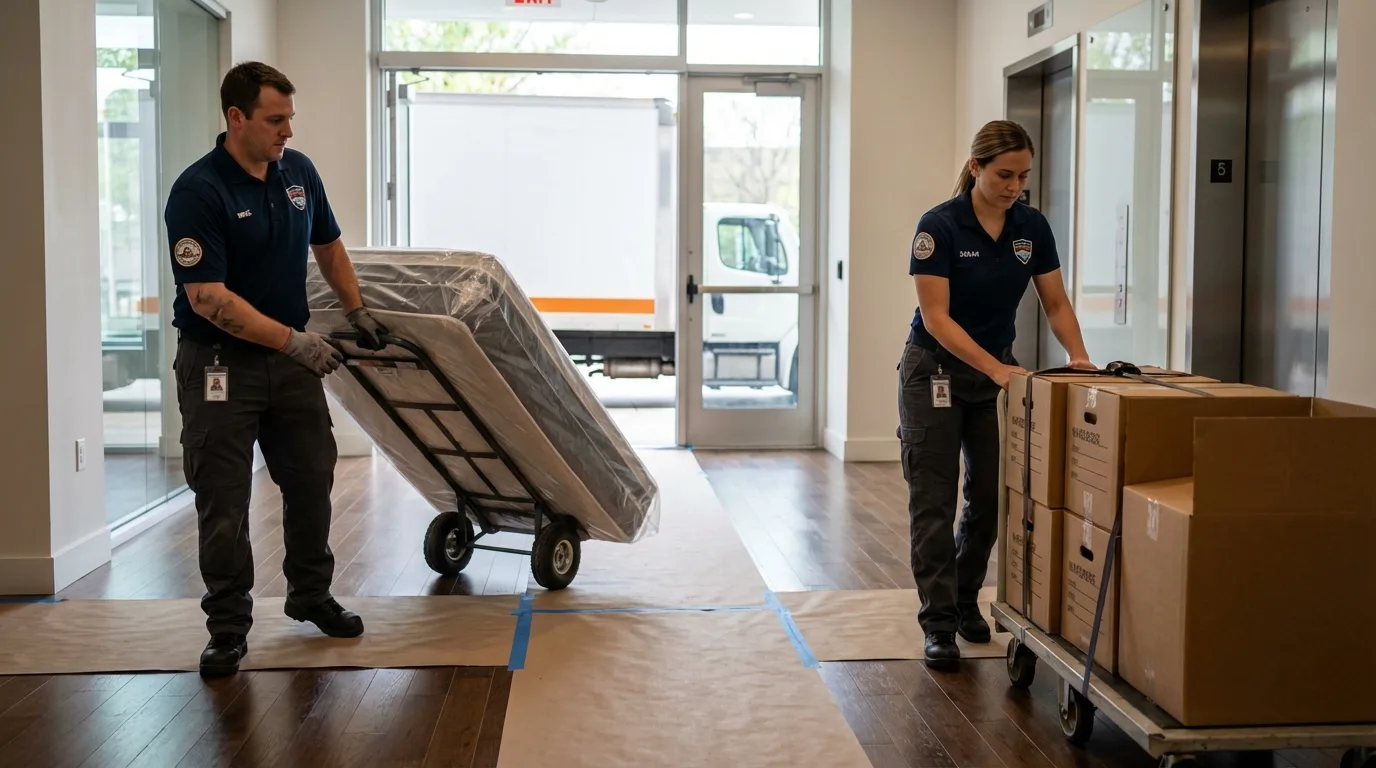 Professional apartment movers loading elevator in Blossom, TX