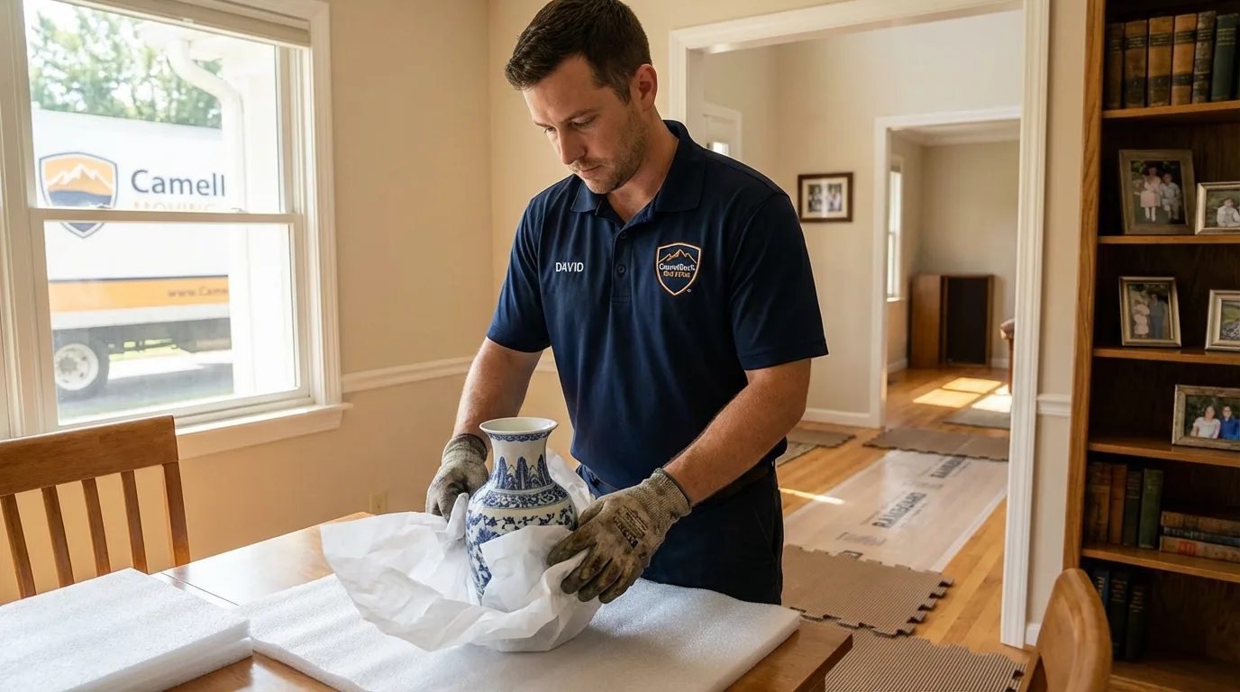 Professional crew carefully wrapping antique vase for senior downsizing move in Blossom, TX