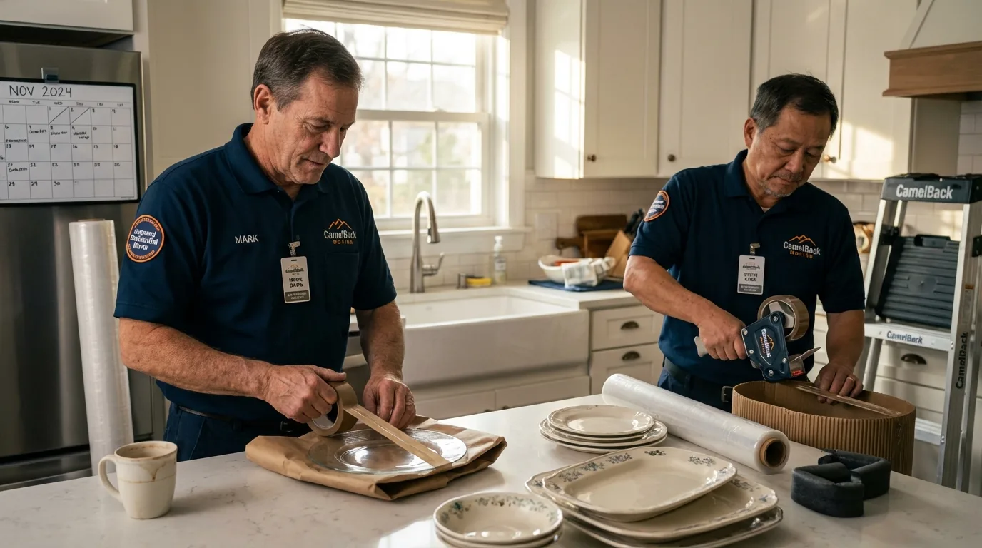 Professional crew packing kitchen dishware in Blossom, TX
